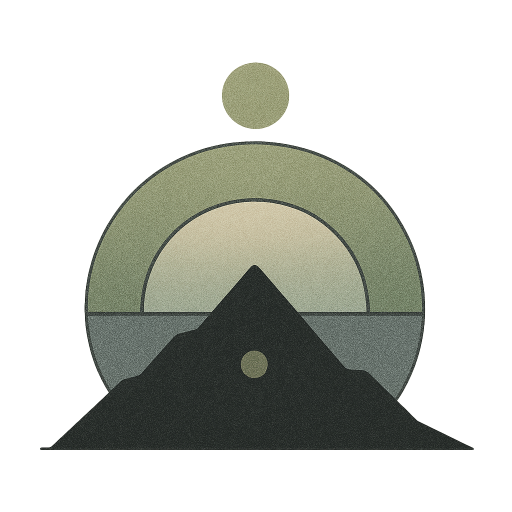 Logo stylisé avec un cercle et une montagne en teintes vertes, symbolisant l’éveil et la connexion terre-ciel